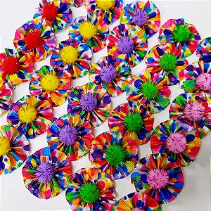 Laço Fuxico Estampado Pompom de Carnaval - 10 unidades