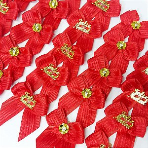 Laço de Ponta Duplo Voil Botão Ouro de Natal - 10 unidades