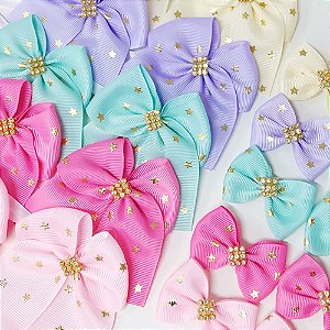 Conjunto Laço Estampado Estrela Ouro Strass - 10 unidades
