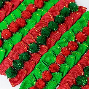 Laço Borboleta Pespontada Ouro Pompom Brilho Natal - 10 unidades