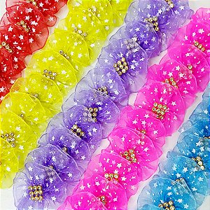 Laço Fuxico Voil Estrela Strass - 10 unidades