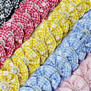 Laço Fuxico Estampado Xadrez Floral Pedraria - 10 unidades