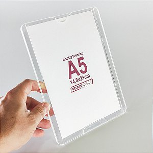 Display em acrílico modelo envelope fixação em parede para papel tamanho A5 vertical