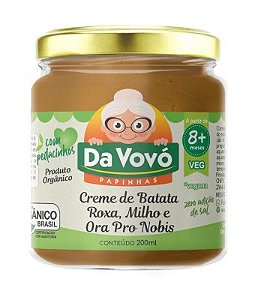 Papinha Vegana de BEBÊ 8+ orgânica Creme de Batata Roxa, milho e Ora pró Nobis