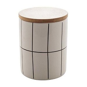Pote Decorativo Grid de Cerâmica c/ tampa de bambu Branco 12,5cm