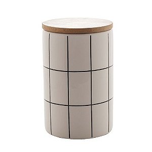 Pote Decorativo Grid de Cerâmica c/ tampa de bambu Branco 15cm