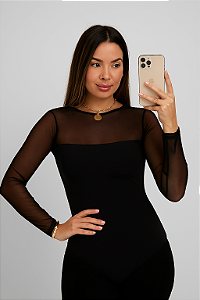 Body tule Transparente Manga Longa