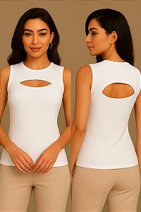 Camiseta feminino com decote e abertura nas costas, Blusa T-shrit elegante, Camisa casual