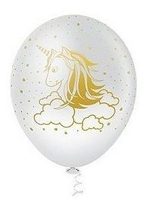 Balão Bexiga Unicórnio Branco Com Dourado - 25 Uni