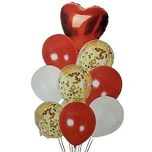Balão Buquê Coração Vermelho e Dourado - 9 Unidades