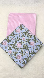 Kit Tecido Combinado / Flores Rosas com fundo azul e  poá rosa