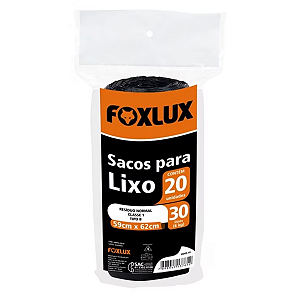 Saco para Lixo 30L 59 x 62cm Preto 20 Unidades Rolo Foxlux