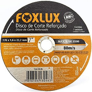 Disco de Corte 7'' x 1,6x22,2 para Metal e Inox Foxlux