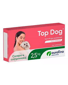 Top Dog 250mg - Vermífugo Ourofino para Cães 2,5kg - 4 comprimidos
