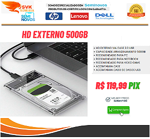 HD Externo 500GB - Case Portátil USB,  PC,  Notebook , Smart-tv,  Ps4 , Xbox