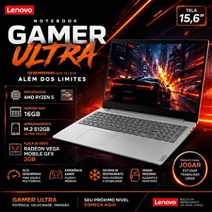 Notebook Lenovo IdeaPad S145 - Processador AMD Ryzen 5 - Memória 16GB - M2 512 GB - Tela 15.6' Polegadas - 3X USB - HDMI - Teclado Alfa - Numérico - Placa de Video Radeon Vega Mobile GFX - 2 GB