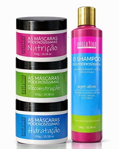Máscaras Poderosissimas Evolution - Cronograma Completo - 3 Máscaras e 1 Shampoo