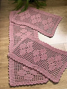 Jogo de Passadeira Rosa 3 Peças de Crochê - Cor Rosa Claro