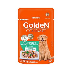 Sachê Golden Gourmet Cães Adultos Raças Médias e Grandes Frango Espinafre Arroz Integral e Cenoura 85g