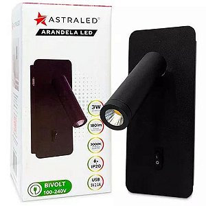 ARANDELA LED ARCAVI C/ENTRADA USB 3W 3000K IP20 PRETO