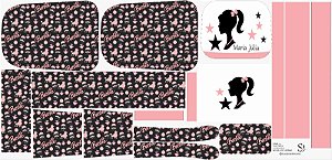 ARTE DO PAINEL DA MOCHILA DE CARRINHO DA BARBIE PRETO COM ROSA 324