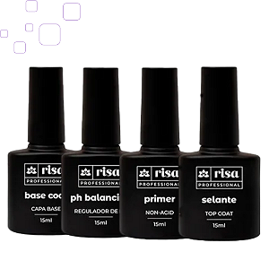 Kit Blindagem Risa Primer 15ml + Ph 15ml + Base Coat 15ml + Top Coat 15ml