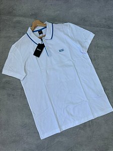 POLO HUGO BOSS BRANCA GOLA LISTRADA AZUL