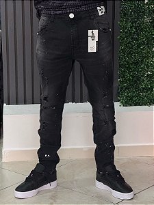 Calça Brow Jeans- Preta Respingos  Botão Branco