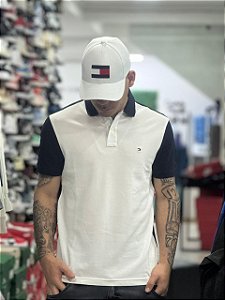 Polo Tommy Hilfiger Masculina Regular Piquet Colour-Blocked branca e azul