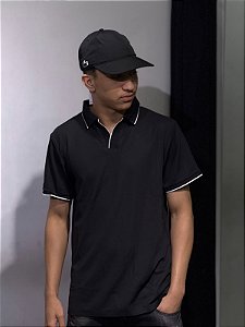Camisa polo poliamida preta risca gola branco - 7901