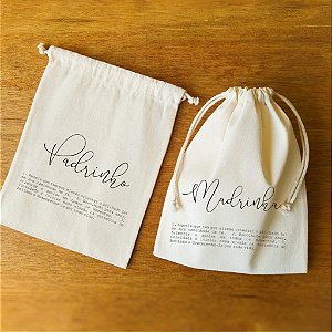 Saquinho de algodão "Padrinho e Madrinha" de batismo.