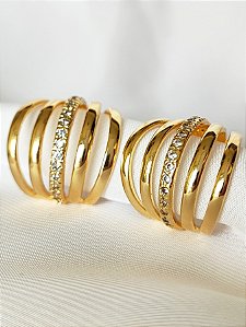 Brinco meia argola 5 elos em metal e cravejada - Antonella