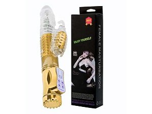 PRÓTESE ROTATIVA (JACK RABBIT) DE LUXO METALIZADO COM FUNÇÃO (VAI E VEM) PILHA