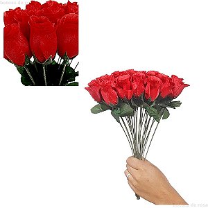 Botão de Rosa Vermelha Buquê Artificial Decoração