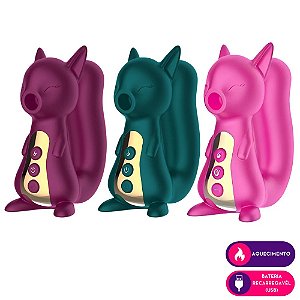 Vibrador em formato de esquilo com estimulador clitóriano e aquecimento