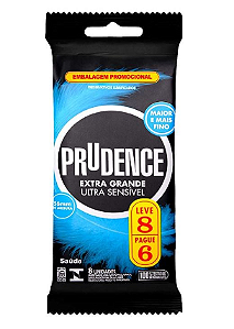 PRESERVATIVO EXTRA GRANDE ULTRA SENSÍVEL LEVE 8 PAGUE 6 UNIDADES PRUDENCE