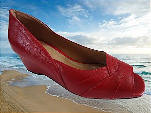 Sapato peep-toe, salto Anabela 4 cms, detalhe recorte e costura # cores: scarlet e tan