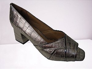 Sapato peep-toe de metalizado croco pewter, sintético, detalhes vivos pewter, salto bloco 4 cms.