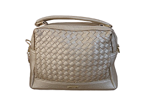 Bolsa DOURADA, frente trançada, zíper externo traseiro