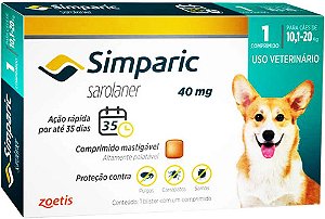 Antipulgas Simparic Cães de 10 até 20 kilos 40 mg 1 Comprimido