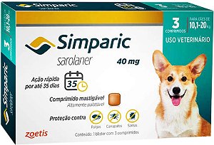 Antipulgas Simparic Cães de 10 até 20 kilos 40 mg 3 Comprimido