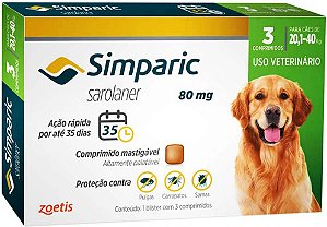 Antipulgas Simparic Cães de 20,1 até 40 kilos 80 mg 3 Comprimido