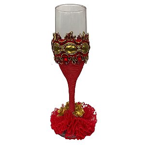 Taça de Champagne Vermelha com Pedras Douradas