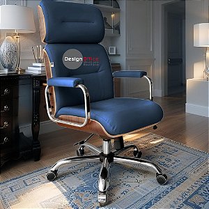 Cadeira Original Eames Presidente com Rodinhas Cromadas e Anti Risco Linha Capa em Madeira Azul Marinho