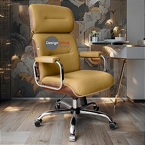 Cadeira Original Eames Presidente com Rodinhas Cromadas e Anti Risco Linha Capa em Madeira Amarelo Mostarda
