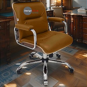 Cadeira Original Eames Diretor com Rodinhas Cromadas e Anti Risco Linha Capa em Madeira Caramelo