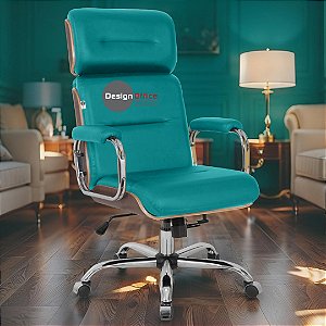 Cadeira Original Eames Presidente com Rodinhas Cromadas e Anti Risco Linha Capa em Madeira Escura - Verde Água