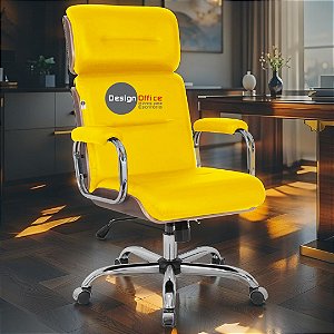 Cadeira Original Eames Presidente com Rodinhas Cromadas e Anti Risco Linha Capa em Madeira Escura - Amarelo