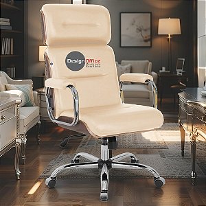 Cadeira Original Eames Presidente com Rodinhas Cromadas e Anti Risco Linha Capa em Madeira Escura - Bege