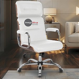 Cadeira Original Eames Presidente com Rodinhas Cromadas e Anti Risco Linha Capa em Madeira Escura - Branco
